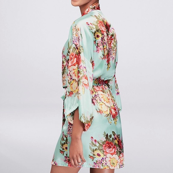 NWT David’s Bridal Floral Satin Robe - Aqua Blue - Picture 5 of 6